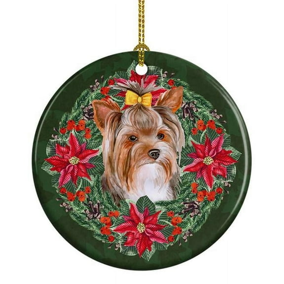 Yorkshire Terrier #2 Poinsetta Wreath Ceramic Ornament 2.8 in x 2.8 in