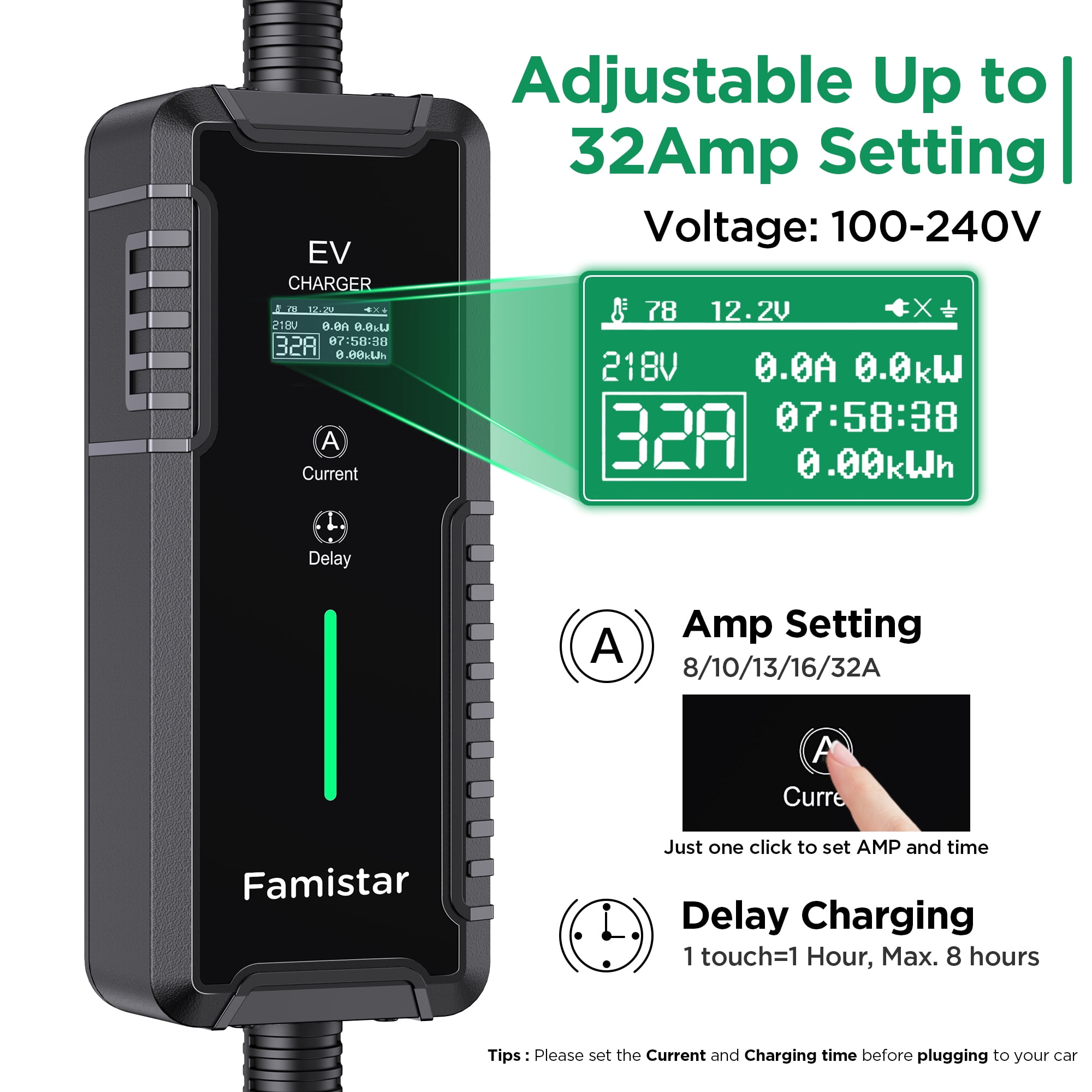 Famistar EV Charger, Level 2 Portable Electric Vehicle Car Charger Charging Station, 14-50 Plug, 32 Amp, 100-240V, 25FT Model, IP65 Waterproof, 0.96” LCD Screen, UL Recognized, for SAE J1772 EV