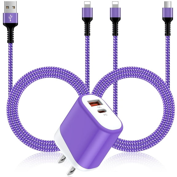 Compatible for iPhone Type C Charger Block, 20W PD Dual Port Wall Charger Adapter with USB USB C Charging Cable 6FT, USB C Brick Cube Box Fast Charging Station Power Base Compatible for iPhone,Purple