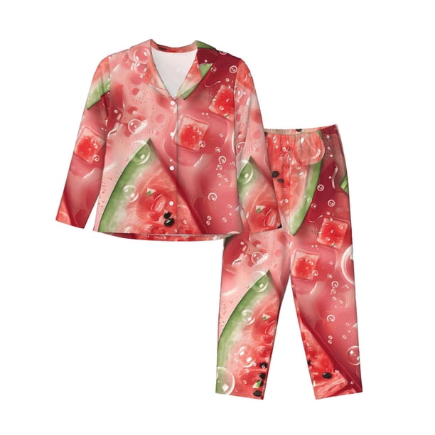 Fotbe Refreshing Watermelon Slices Conjunto de Pijama de Manga Larga para Mujer con Estampado, Ropa de Dormir de 2 Piezas, Conjunto de Casa Suave y Cómodo con Bolsillos-Medium