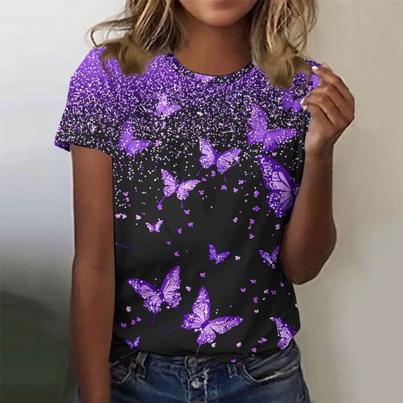 ATENAR T Shirts for Women Printed Shirts Crew Neck Short Sleeve Tops Purple M