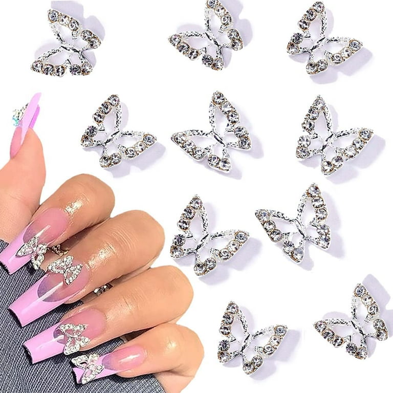 TRIANU 3D Alloy Butterfly Nail Charms,10 PCS Metal Butterfly Nail Gems Nail  Rhinestones Shiny Crystal Nail Art Charms,Nail Decoration Rhinestones for  Nails DIY, Silver 
