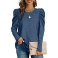 thumbnail image 2 of Top de corte informal para mujer, Top con cuello redondo y mangas abullonadas, Top transpirable de Color puro para ir de compras, 2 of 6