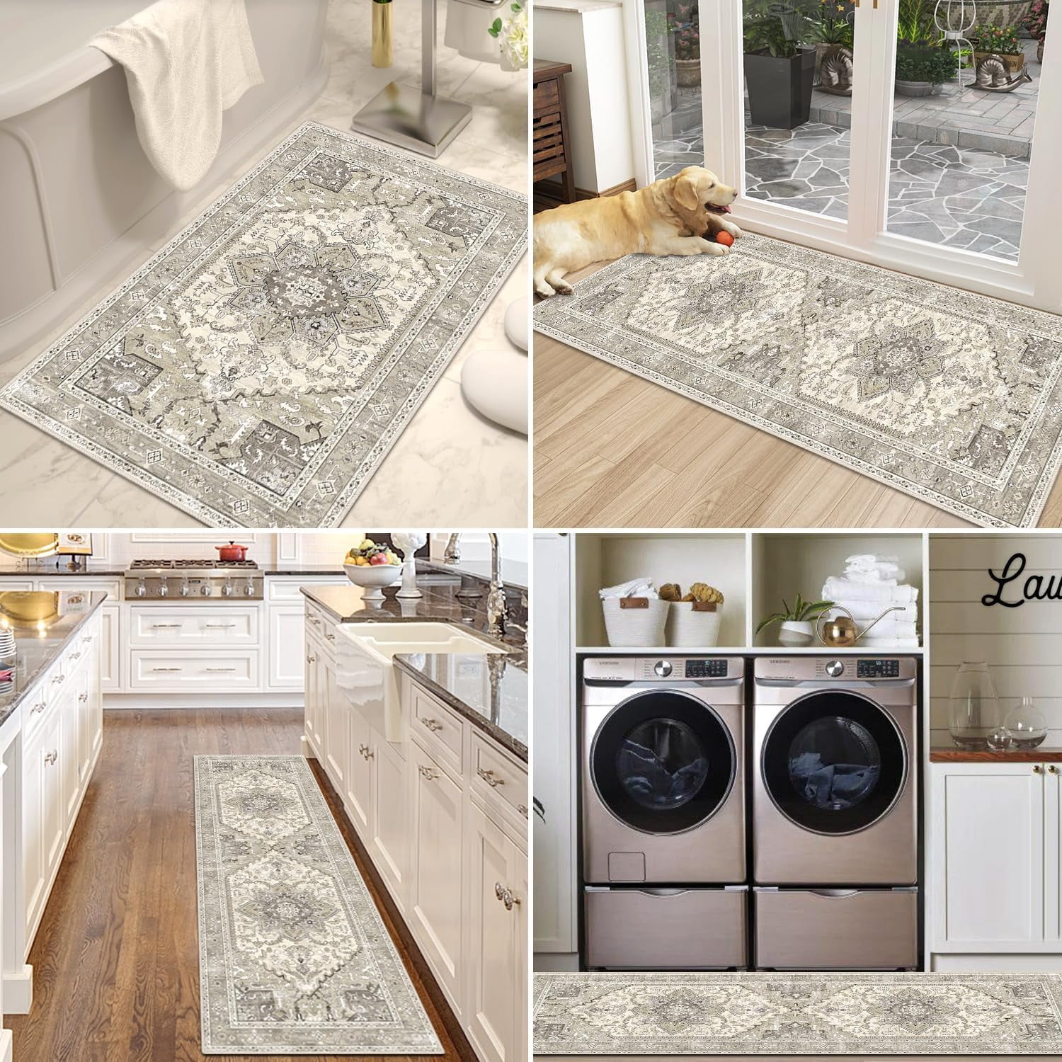 Boho Washable Kitchen Rugs Sets of 3, Non Slip Kitchen Mats for Floor with Rubber Backing, Waterproof & Stain Resistant Carpet Runner Throw Rug for Kitchen, Laundry Room, Hallway, Beige Brown