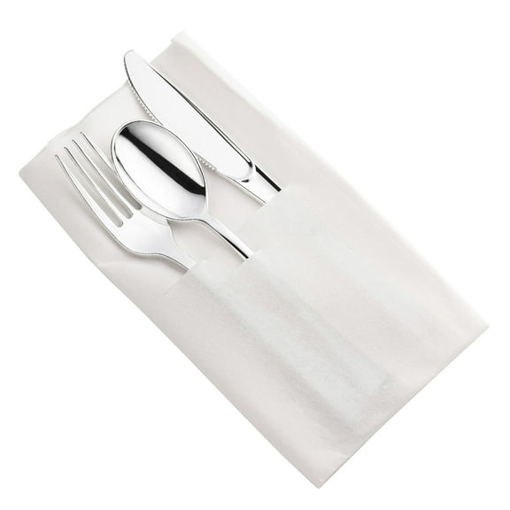 Smarty Shiny Metallic Silver Plastic Cutlery White Pocket Napkin Set 70ct