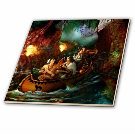 Down Tile - 3dRose Native American family from long ago on a journey down the river by canoe - Ceramic Tile, 6-inch