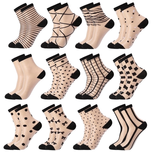 Bocaoying 12 Pack Women's Sheer Socks, Nylon Lace Mesh Ankle Socks with Reinforced Heel and Toe, See-Through Dress Socks for Women, Size5-9, Fancy Thin Socks Fits Narrow to Average Feet