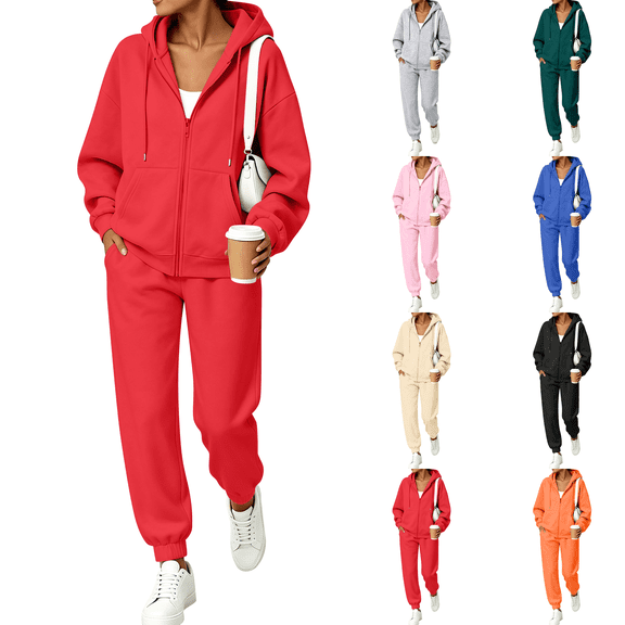 Sweatsuits Women 2 Piece Outfit Fall Set 2026 Full Zip Hooded Sweatshirt Drawstring Sweatpants Sweat Suits Winter Outfit Red S