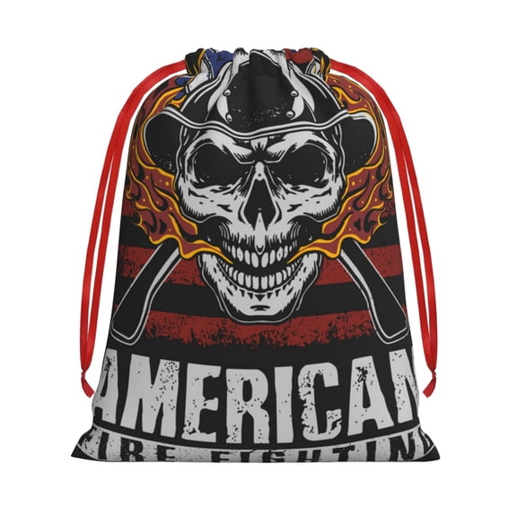 American Fire Fighter Skull Drawstring Gift Bag Soft Pouch Reusable Favor Bags for Christmas, Halloween, Candy, Wedding, Birthday