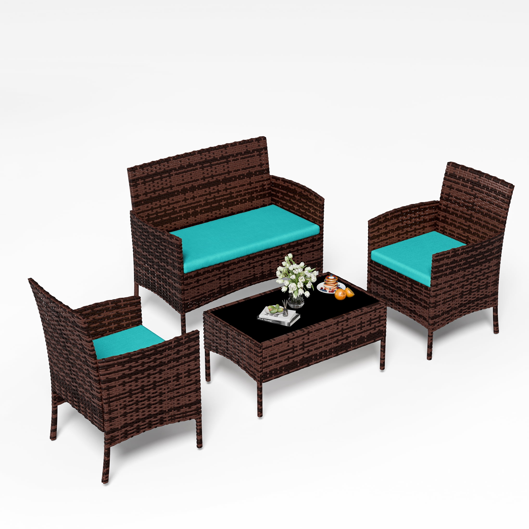 UDPATIO 4 Pieces Outdoor Patio Furniture,Sectional Conversation Sets,Brown PE Rattan Patio Chairs with Table and Loveseat for Balcony, Porch, Backyard,（Turquoise Cushion）