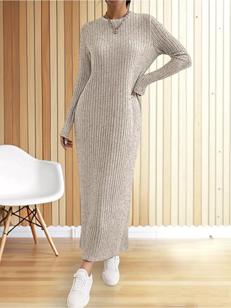 Womens Sweater Maxi Dress Long Sleeve Knit Ribbed Crew Neck Slim Fit Casaul  Fall Long Dresses Grey M