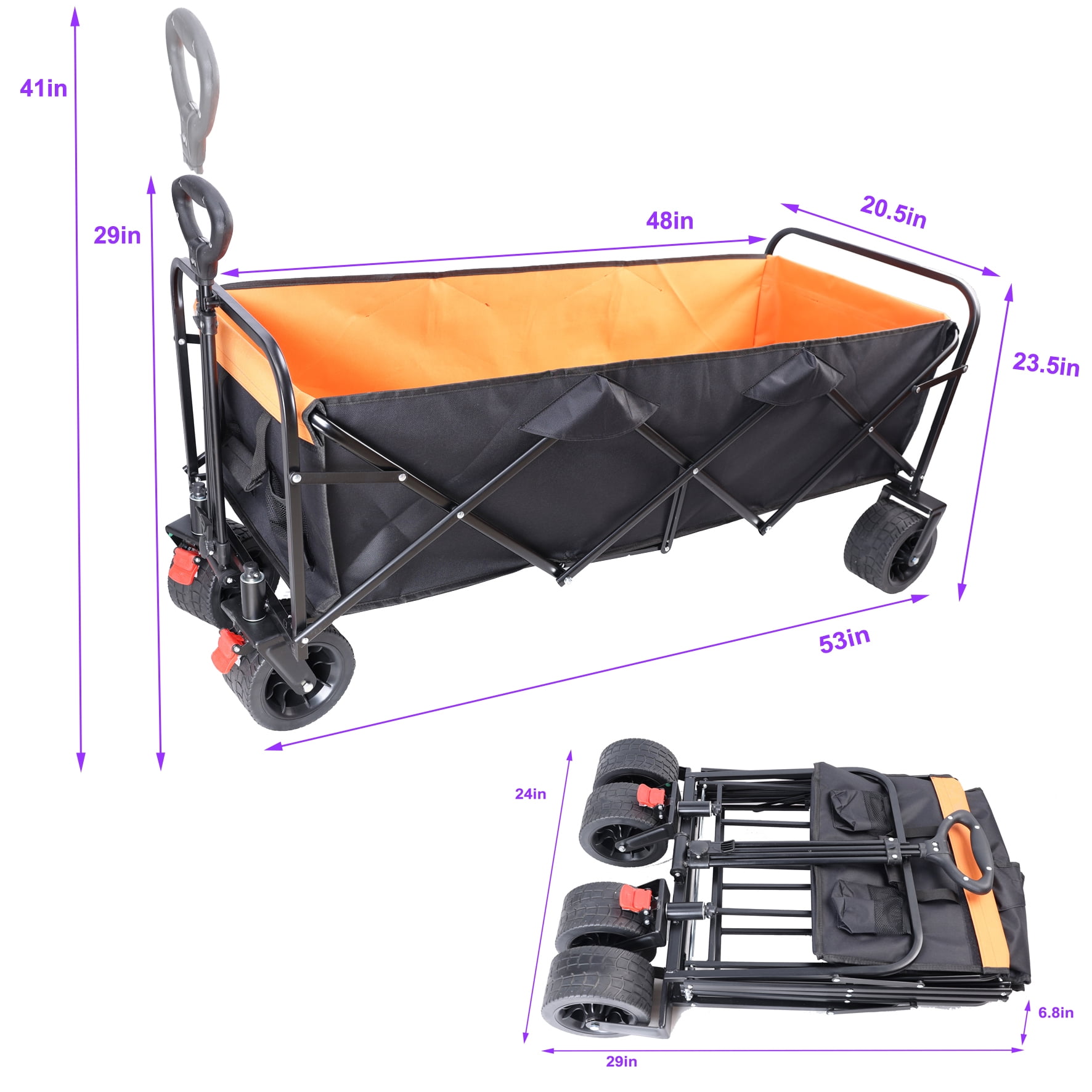 MAYEERTY Large Capacity Folding Wagon Cart, 150LBS Extender Brake Wheels, Black Orange for Garden Beach Shopping