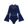 thumbnail image 6 of TSSOE Womens Mesh Flare Sleeve Bodysuit Mock Neck Sheer Leotard Gymnastics Figure Skating Dancewear Navy Blue XXL, 6 of 7