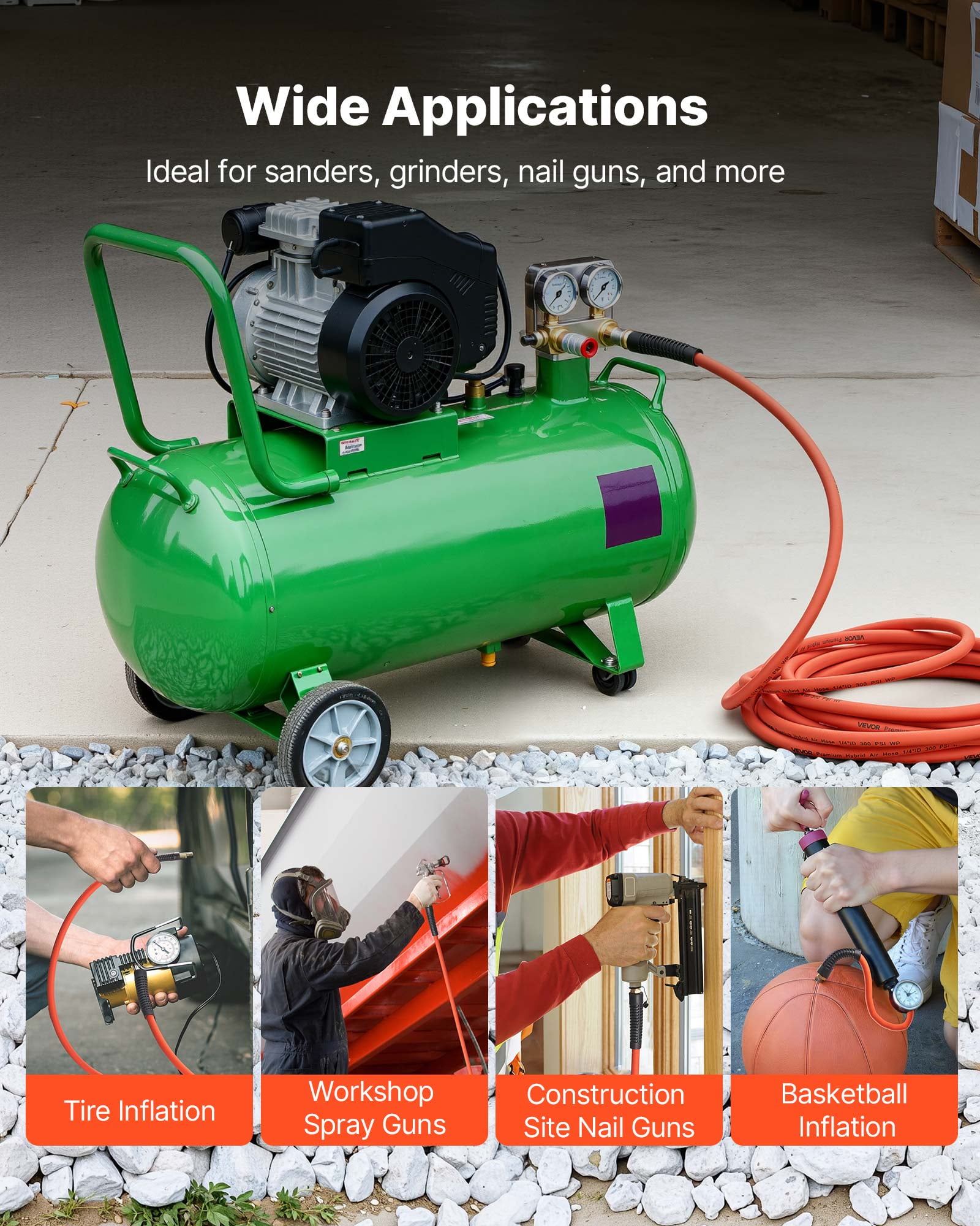 VEVOR Air Hose, 1/2" x 100ft Hybrid Air Hose, Lightweight, Kink Resistant, Pneumatic Hoses with 1/2 inch Solid Brass Male Fitting, Three-Layer Hybrid Material, 300 PSI, All-Weather Flexibility,Orange