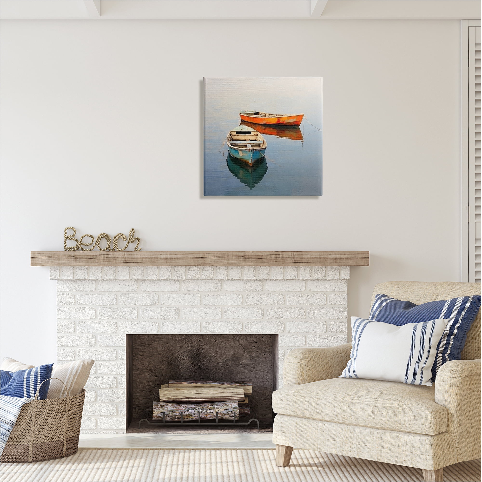 Stupell Industries Orange & Blue Boats Transportation Painting Gallery Wrapped Canvas Art Print Wall Art, 24 x 24