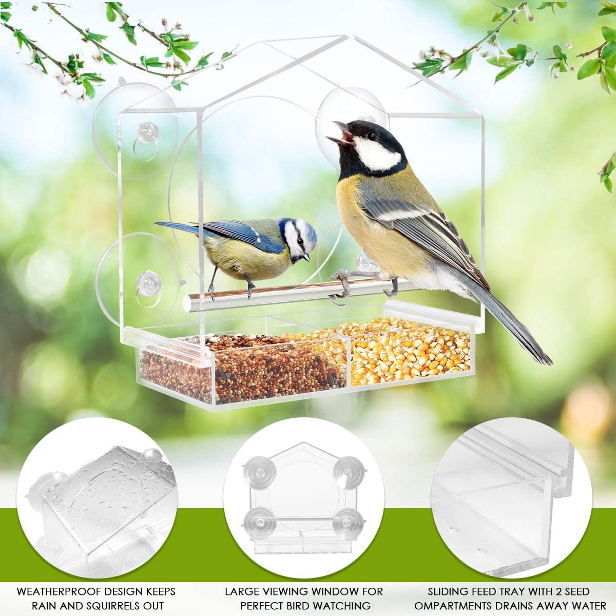 Window Bird House Feeder with Removable Seed Tray, Upgrade Drainage