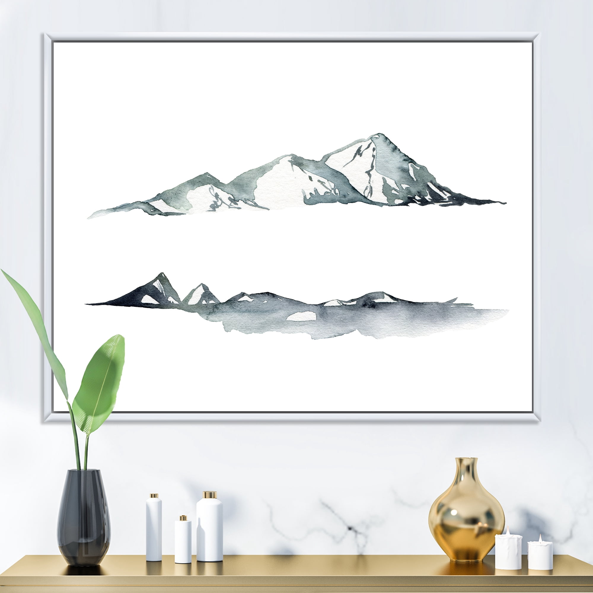 Designart 'Minimalistic Dark Blue Mountains Landscape' Modern Framed Canvas Wall Art Print