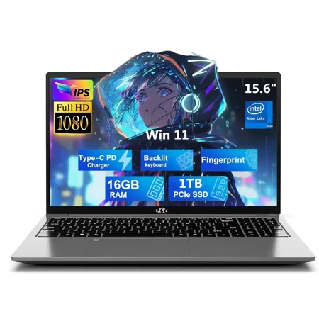 15.6" Laptop FHD IPS Student Notebook Computer 16GB RAM 1TB SSD 4 Cores 13th Gen Intel N150(Beat to i3-1115G4, Up to 3.6GHz) 65W GaN Type-C Fingerprint Backlit Keyboard Wi-Fi 6 Gray
