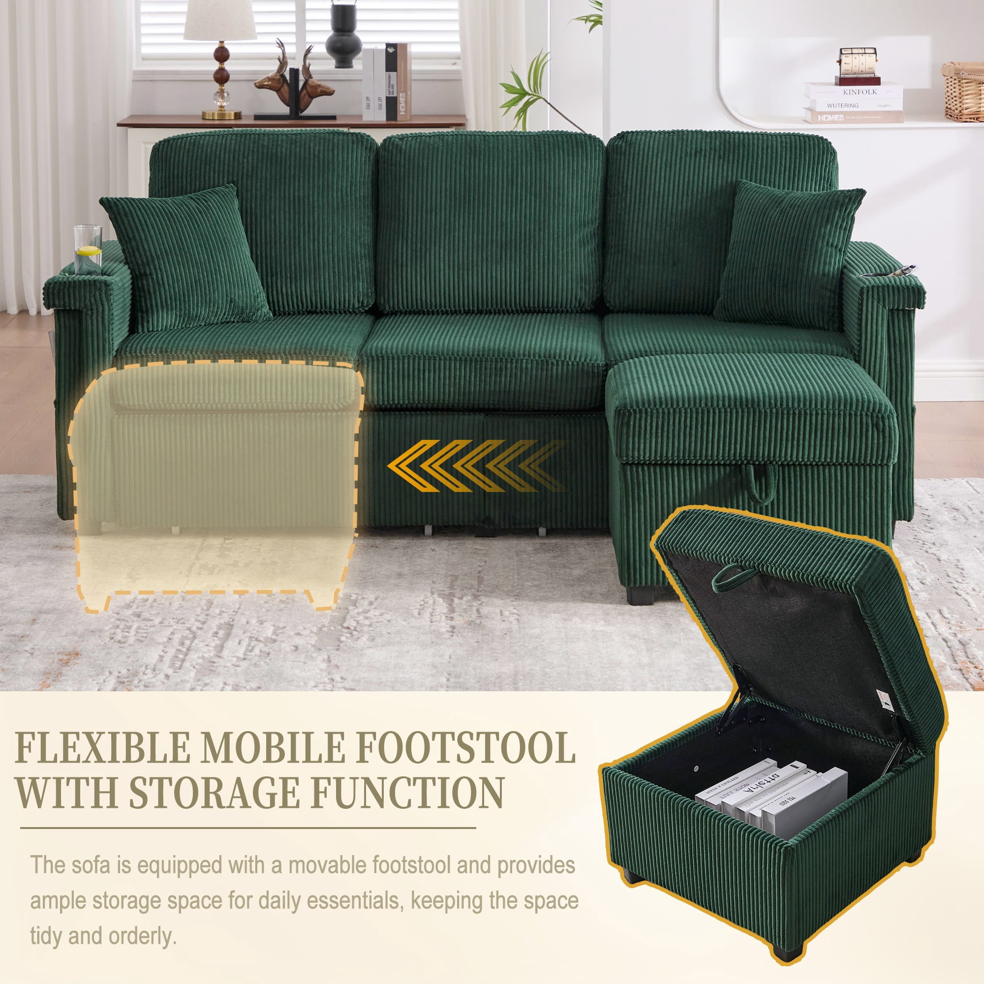 L-Shaped Sectional Sofa,Corduroy Convertible 3-Seat Sofa Couch with Pull-Out Storage,Ottoman for Living Room,Apartment,Emerald