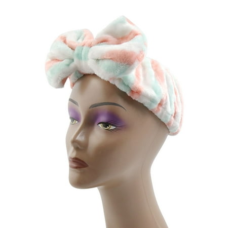 Light Green Pink Stripe Coral Velvet Cute Bow Tie Face Wash Hair Band Headband