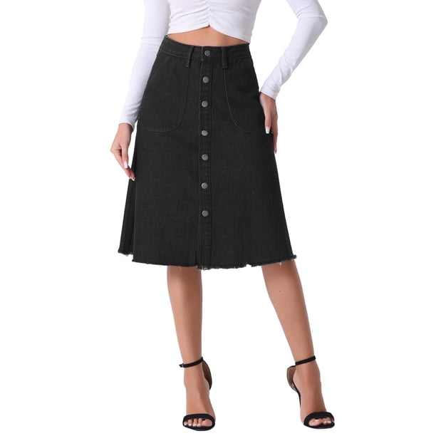 Falda de mezclilla para mujer INSPIRE CHIC con dobladillo deshilachado, botones, corte A, midi, jeans, talla L, color negro