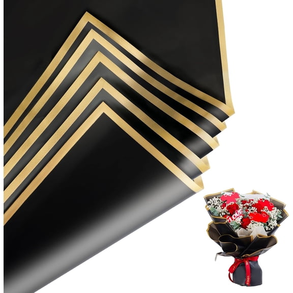 20 Sheets Floral Wrapping Paper, Waterproof Bouquet Wrapping, 22.8x22.8IN, Florist Supplies Packaging Paper, DIY Gift Box, Wedding & Birthday Gifts, Gold Edge (Black)