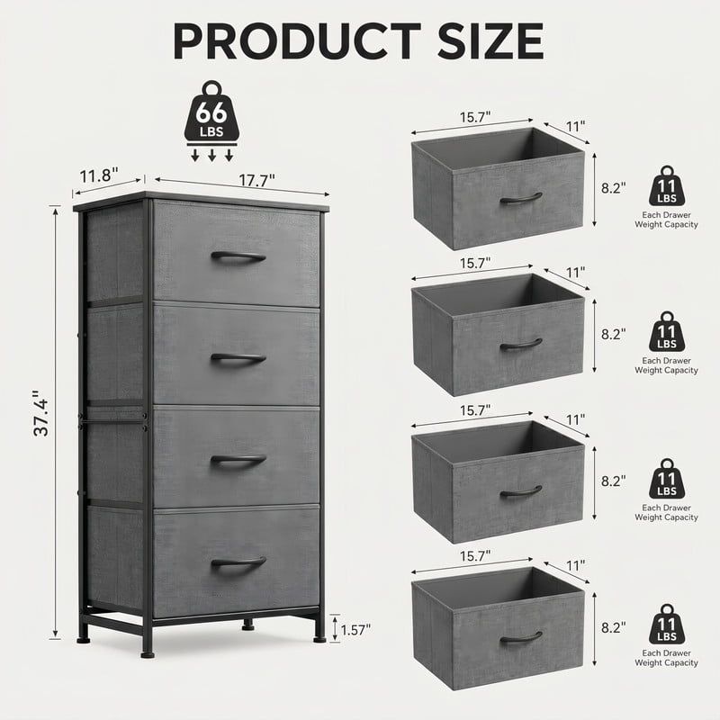 BEAUTYPEAK 4-Drawer Fabric Dresser Nightstand Bedside Table with Wood Top Adjustable Feet, Gray