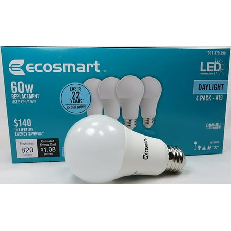 Time Zones Daylight - 60W Equivalent Daylight A19 Energy Star, Dimmable LED Light Bulb (4 Pack)Estimated yearly energy cost: $1.08 , can save energy $140 in life time By EcoSmart