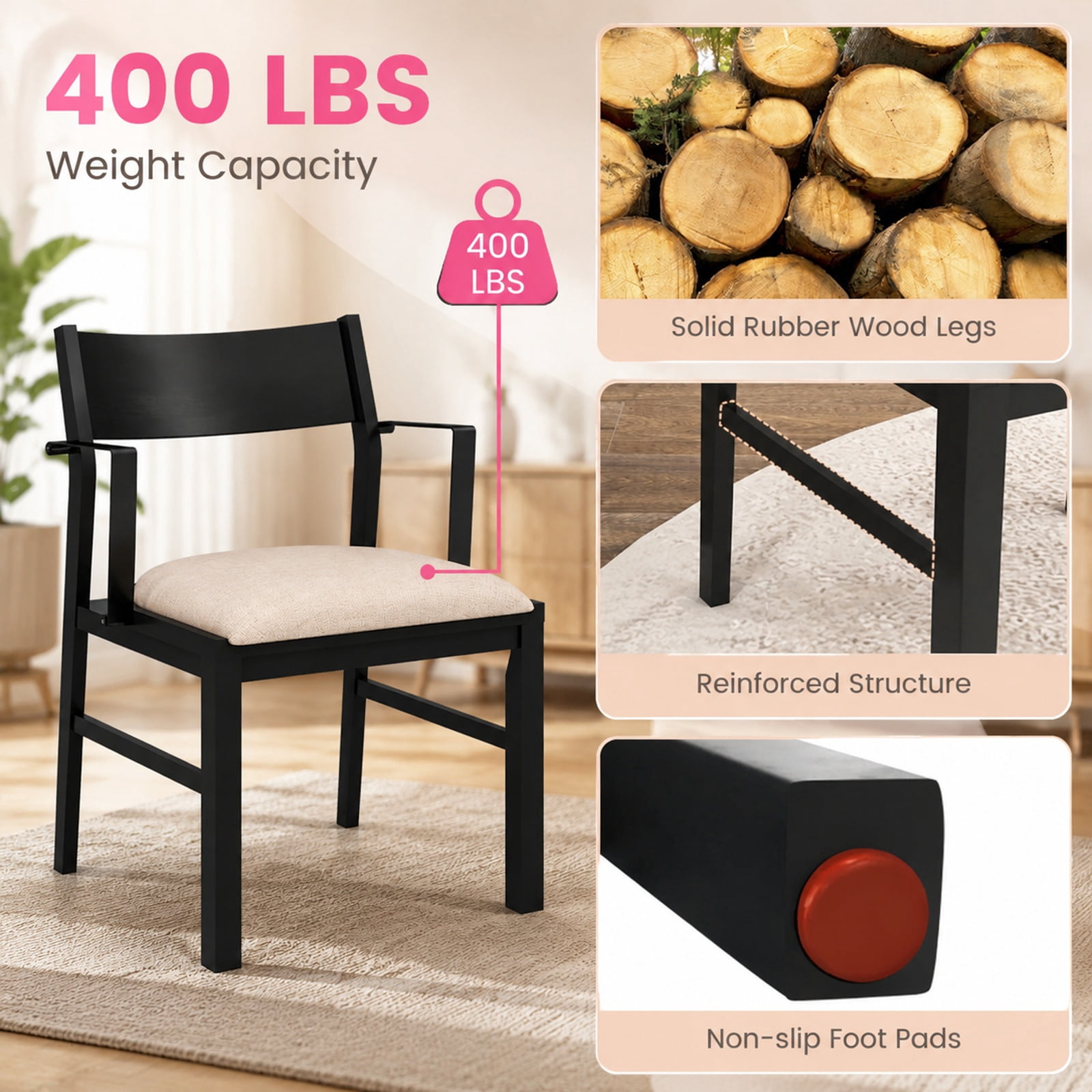 Furnibear Set of 2 Dining Chairs with Contoured Backrest Padded Seat and Armrests