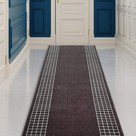 Runner Rug for Hallway Checkered Bordered Brown Color 26 Inch or 31 Inch Wide by Your Length Choice Slip Resistant Rubber Backing Stain Resistant Pile Stair Runner