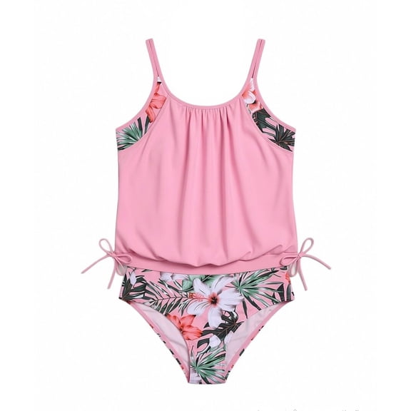 FINALGANG Girls 2 Piece Swimsuit Set Kids Spaghetti Strap Stretch Camisole Top Leaf Prints Swim Briefs Breathable Bathing Suit For Summer Beach Wear Pink 5-6 Years