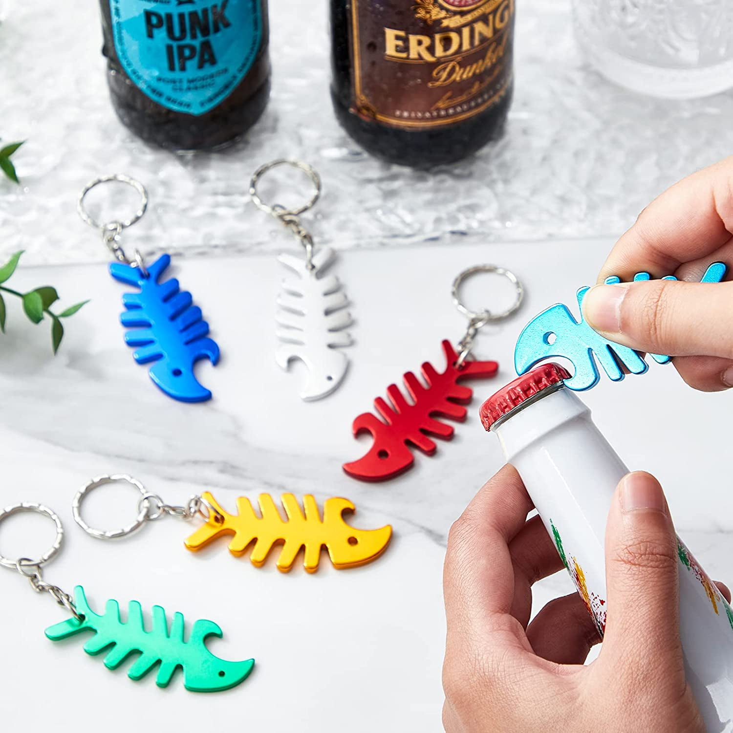 MKEUDQ-Fish Bone Keychain Fish Charm Keychain Key Ring Accessories First Birthday Party Favors Bottle Opener for Men Women Gadgets Party Favors, 6 Random Colors, 2.6 x 1.1 Inches