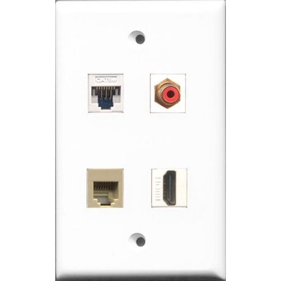 RiteAV 1 Port HDMI and 1 Port RCA Red and 1 Port Phone RJ11 RJ12 Beige and 1 Port Cat5e Ethernet White Wall Plate