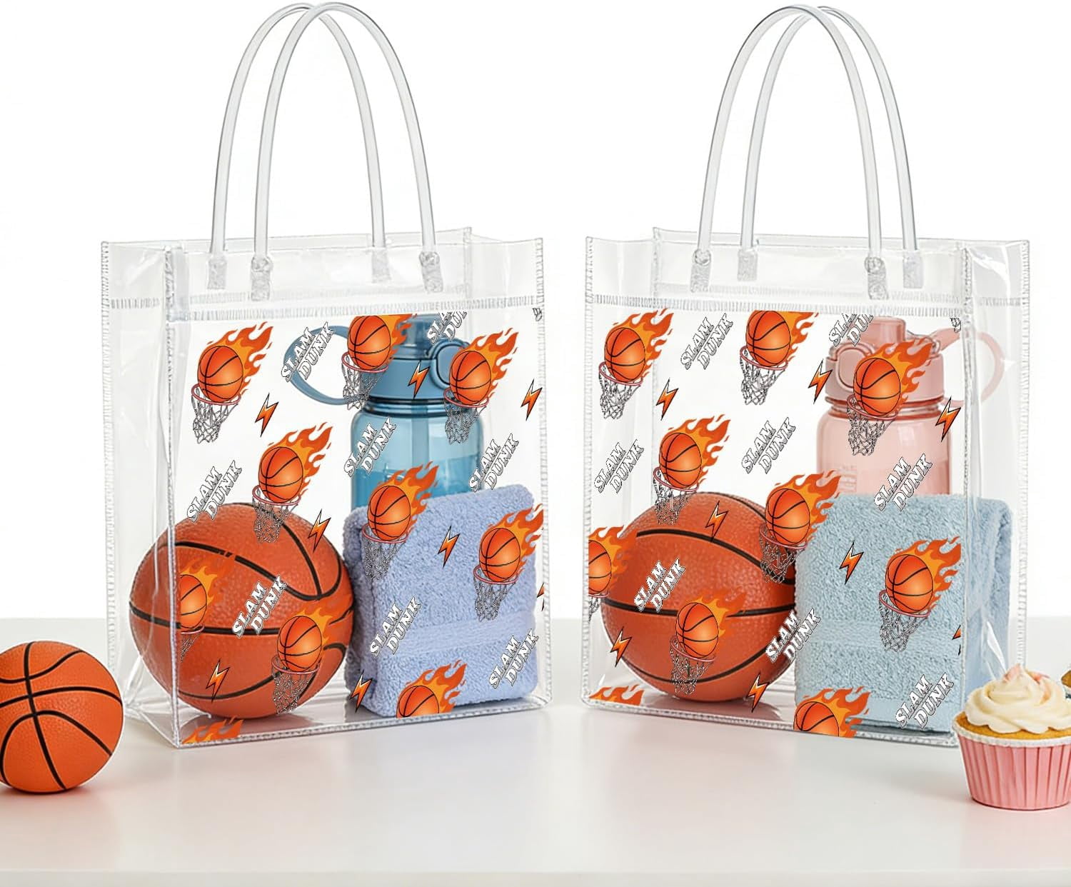 Basketball Clear Gift Bags - 20Pcs March Basketball Madness Clear PVC Goodie Candy Treat Bags with Handle Sport Themed Handbag for Indoor Outdoor Team Game Sports Theme Activities Supplies