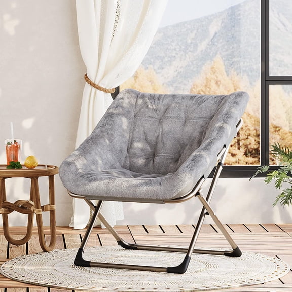 Danolapsi Folding Saucer Chairs for Adults, Comfy Faux Fur Lazy Chair with Metal Frame, 300 LB Capacity, Foldable Comfy Lounge Chair for Bedroom, Dorms, Apartments,No Assembly Required