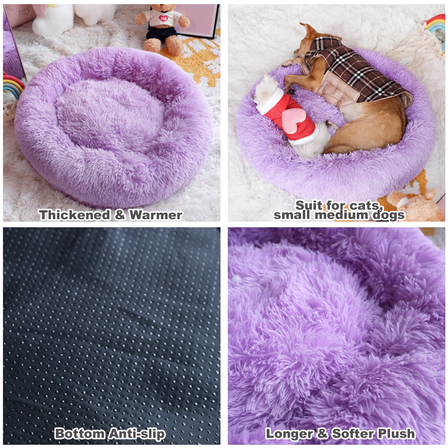 Calming Dog & Cat Bed, Anti-Anxiety Warming Cozy Soft Round Bed, Fluffy Faux Fur Plush Cushion bed for Cats Small Medium Dogs Purple XL