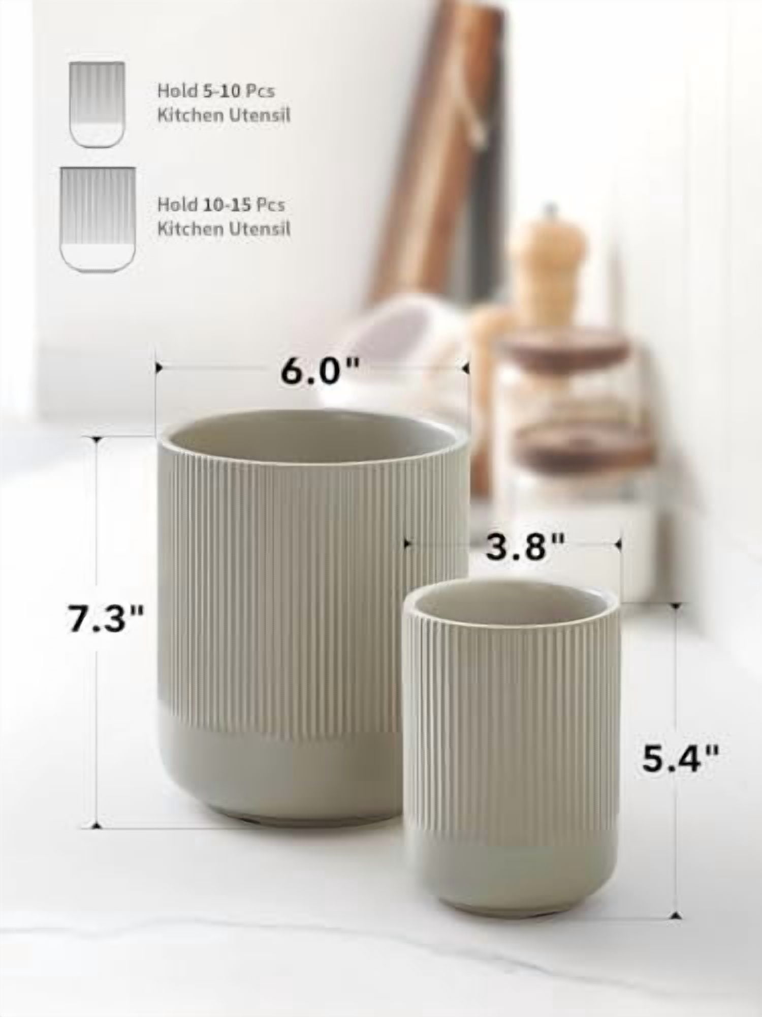 Utensil Holder for Kitchen Counter, 7.3"+5.4" Fluted Ceramic Utensil Crock Organizer for Countertop, Heavy Large Holder for Spatulas, Spoons, Set of 2, Oatmeal Greige