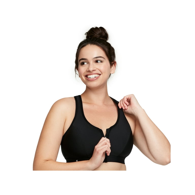 Glamorise Womens Zip Up Front-Closure Sports Wirefree Bra 9266 Black 36G