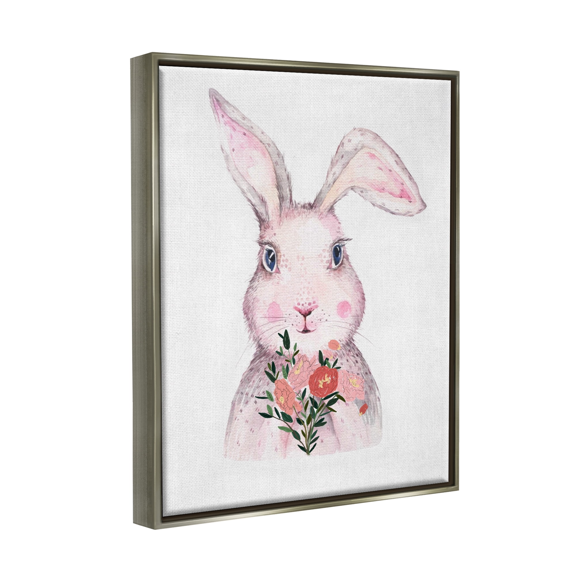 Stupell Industries Pink Bunny & Flowers Animals & Insects Painting Gray Floater Framed Canvas Art Print Wall Art, 17 x 21