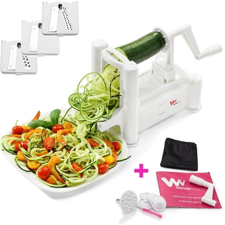 WonderVeg - Veggie Spiralizer Vegetable Slicer - Zucchini Spaghetti Pasta Noodle Maker - Cleaning Brush, Mini Recipe Book, 6 Spare Parts