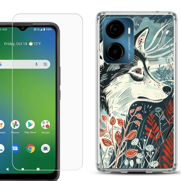 For AT&T Propel 2 5G Phone Case Cover, Shockproof Bumper Hybrid Case with Tempered Glass Screen Protector, by OneToughShield - Calm Husky