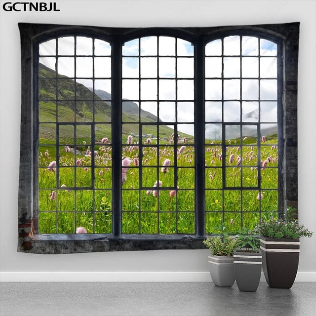 Tapiz navideño colgante de pared fuera de la ventana, Paisaje de nieve, bosque, invierno, dormitorio, sala de estar, decoración del hogar, tela