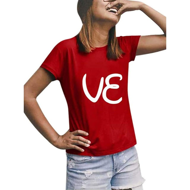 Bellella Hauts pour Hommes Blouse à Manches Courtes T-Shirt de la Saint-Valentin T-Shirt Décontracté à Col Rond Tee Femmes Femmes Rouge TG