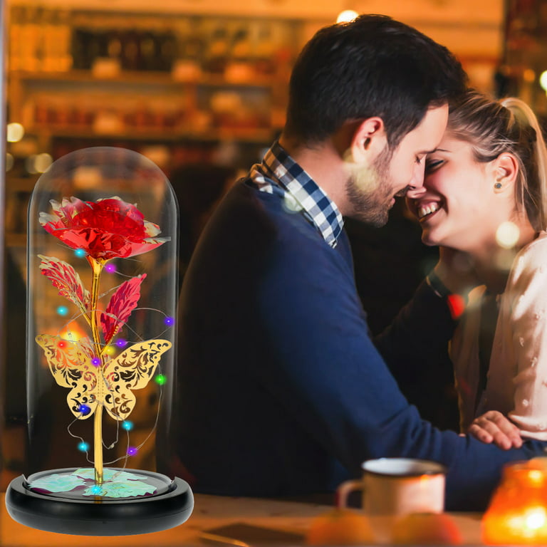 URBANSEASONS Beauty and The Beast Rose, Red Silk Rose That Lasts Forever in A Glass Dome with LED Lights, Gift for Mothers Day Valentine's Day Wedding