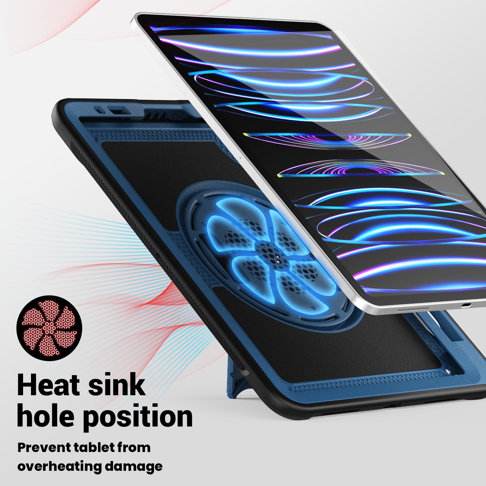 ELEHOLD Case for Apple iPad Pro 11 2022/2021/2020/2018/air4 10.9/air5,Soft TPU Rugged Durable Case with 360° Rotating Hand Strap & Foldable Hidden Stand & Pencil Holder,Navyblue