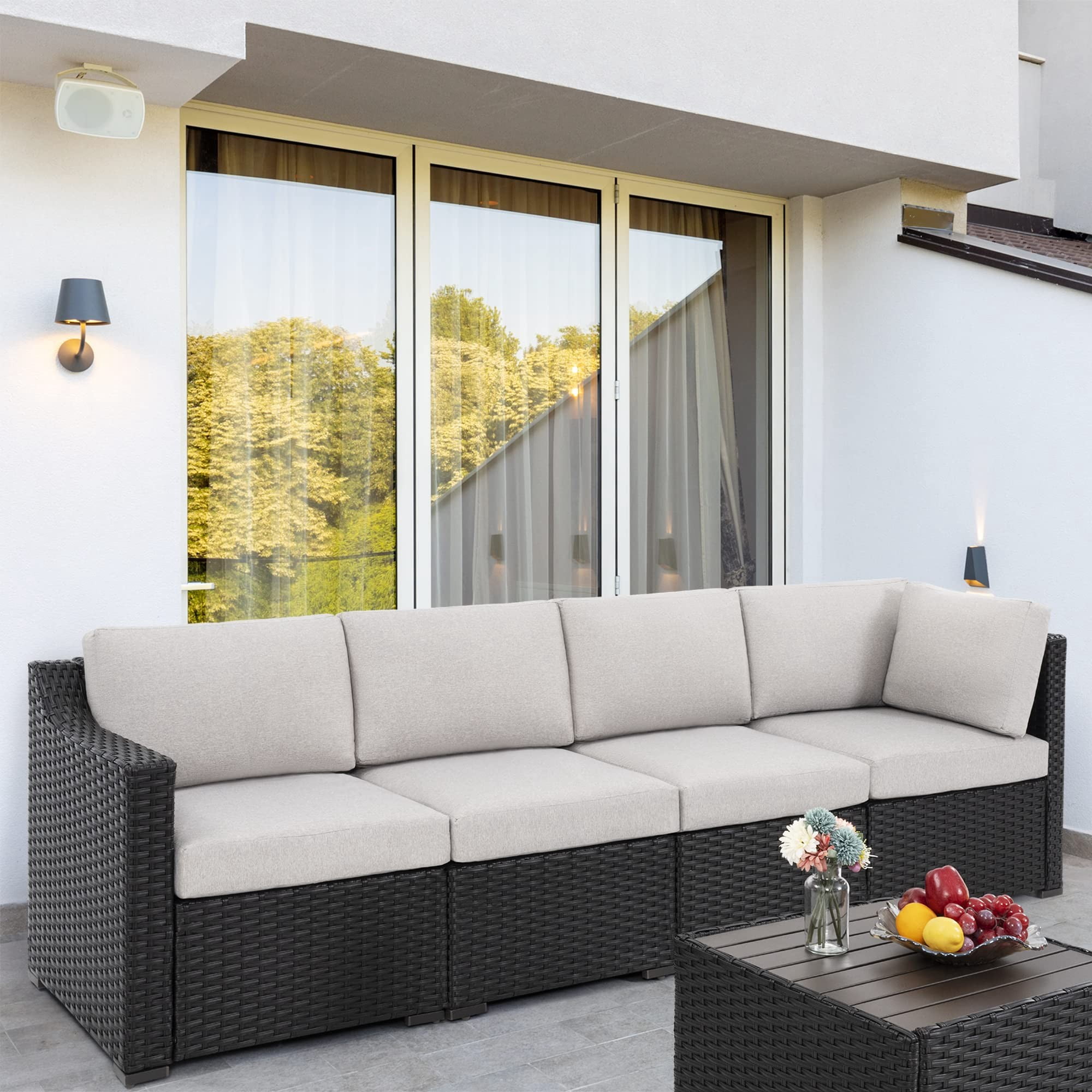 5 Piece Patio Conversation Set, All-Weather PE Rattan Wicker Outdoor Sectional Sofa Set, Modular Patio Furniture with Cushions for Backyard, Deck, Porch, Balcony, Poolside (Brown/Grey)