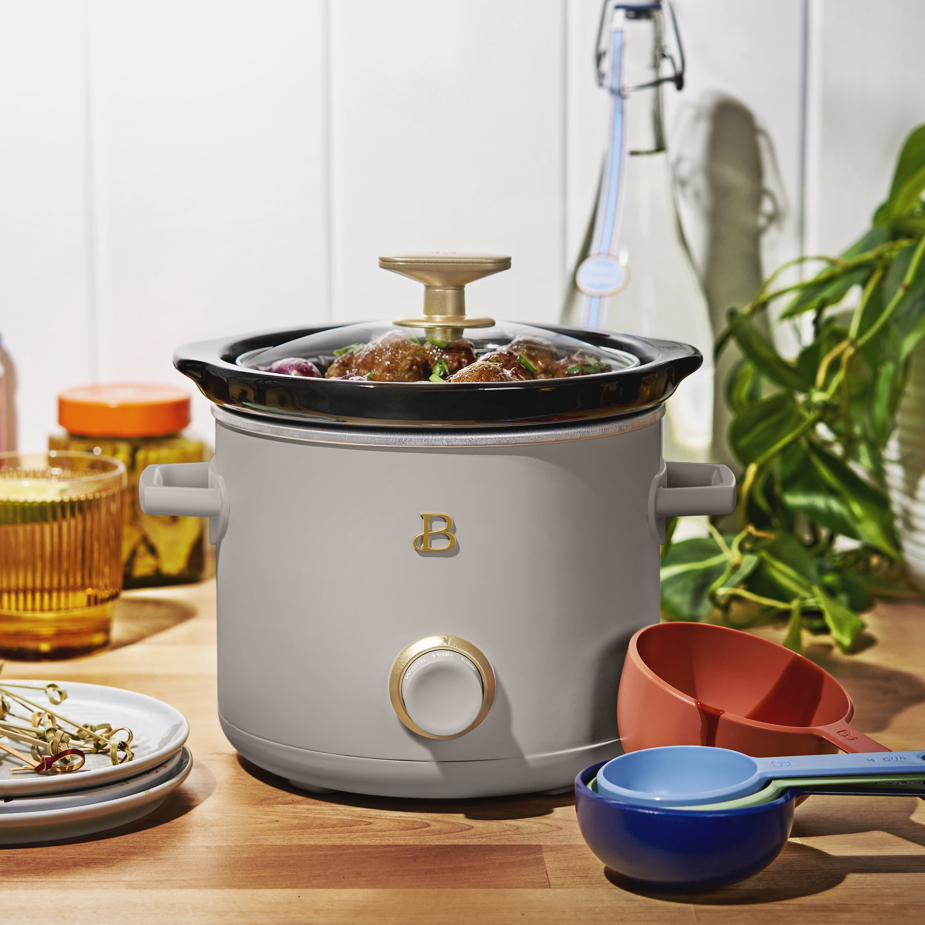 Beautiful 2 Qt Manual Slow Cooker, 2-Pack, Thyme Green + Porcini Taupe by Drew Barrymore