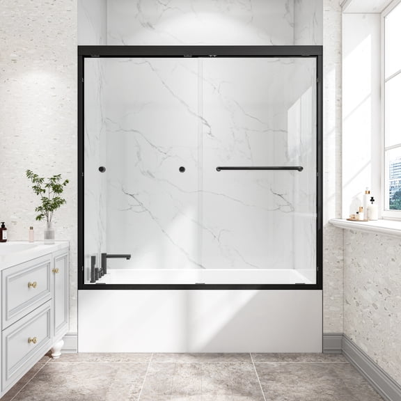 55"-60"W x 60"H Reversible Double Sliding Bathtub Door, 1/4" Glass, Matte Black
