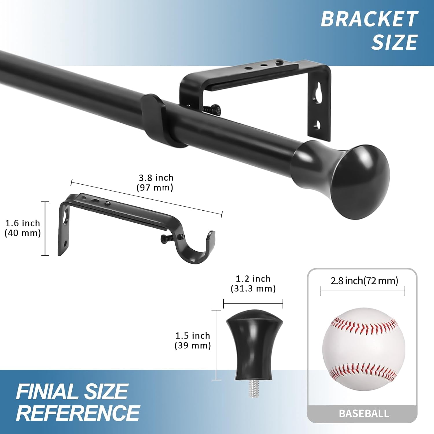 Urbanest Adjustable Single Curtain Rod Set Buckingham Finials – 5/8-Inch Diameter, With Black Rod, 48–84 Inches