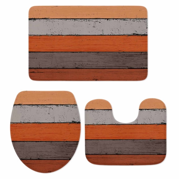 Orange Wooden Bath Mat 3 Piece Bathroom Rug Set, Grey Stripe Gradient Country Rustic Grain Non Slip Bath Rug Contour Mat and Toilet Lid Cover, Absorbent Shower Mats Soft Bath Rugs and Mats Sets